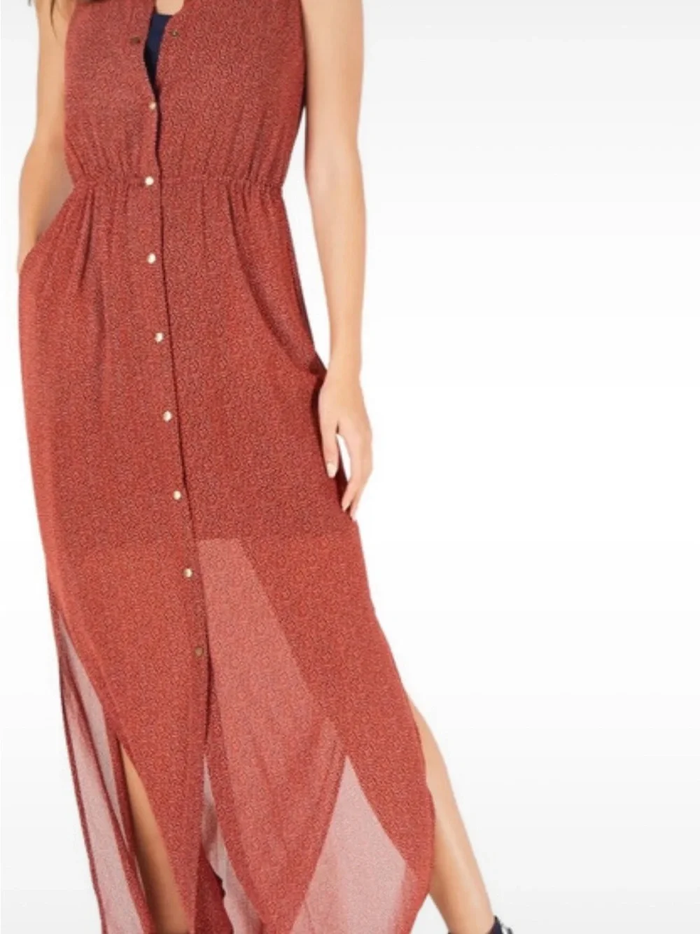 Michael Kors Textured Rust Orange Sleeveless Shell with Gold Buttons